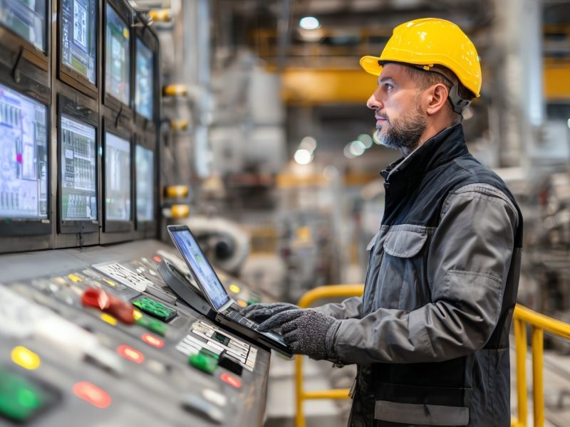 Industrial worker reviewing predictive maintenance sensor data on a shop floor tablet via IO-Link protocol