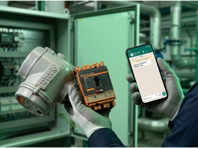 Factory technician holding a Rotork actuator and a discontinued Merlin Gerin molded case circuit breaker to text Pymatek on WhatsApp